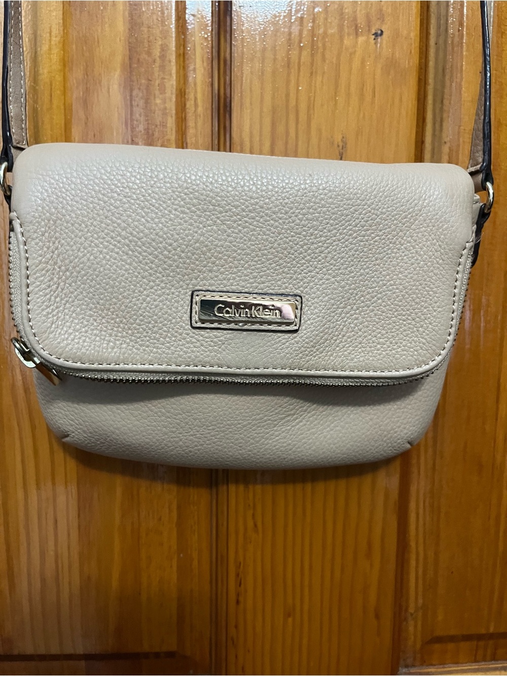 Calvin Klein Pebbled Leather Crossbody in Light Taupe